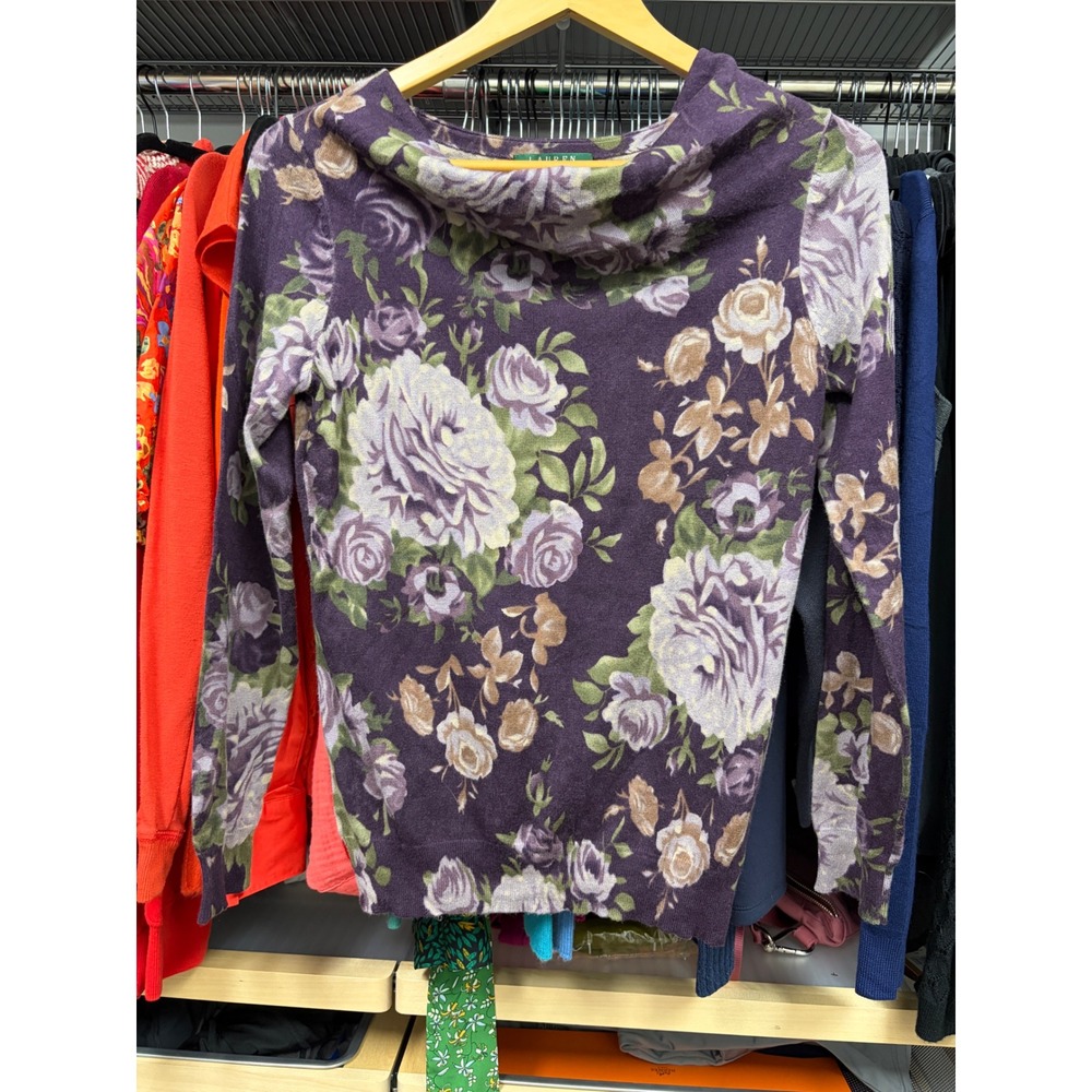 Lauren Ralph Lauren Petite Purple Floral Silk Cotton Cowl Neck Sweater PM